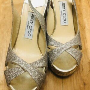 Authentic JIMMY CHOO London Platinum Ice Wedge Sandals - Size 36.5 = Size 6.5US